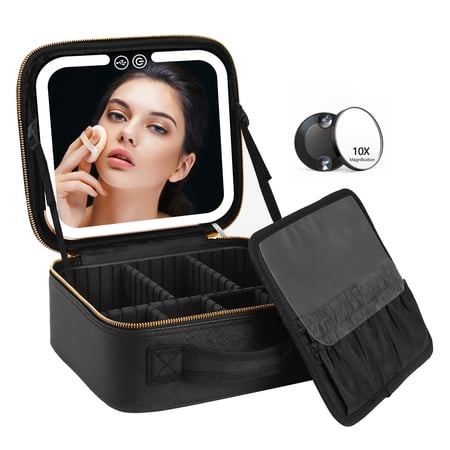 VANMRIOR Travel Makeup Bag with LED Lighted Make up Case with Mirror 3 Color Setting Cosmetic Makeup Box Organizer Vanity Case for Women Beauty Tools Accessories Case Rechargeable C33
