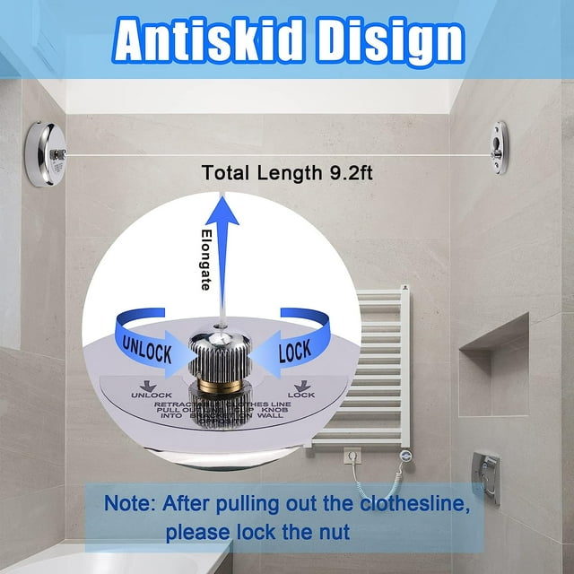 Clothesline,Retractable Clothesline - 304 Stainless Steel Retractable Clothesline Indoor with Adjustable Nylon Rope, Wall Mounted Retractable Laundry Line, Laundry Accessories