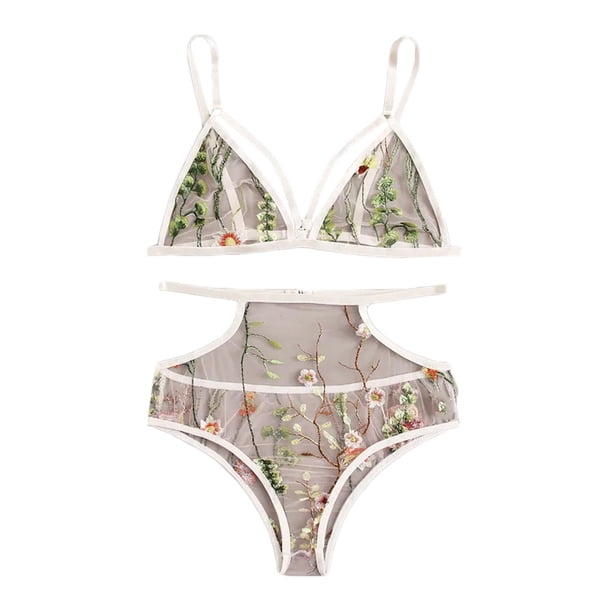 Gibobby Conjunto ropa interior mujer Ropa Lencería para Mujer Encaje Interior Halter Chemise V Cuello Camisón Sexy Ropa de Dormir Camisón Malla(Blanco, M)