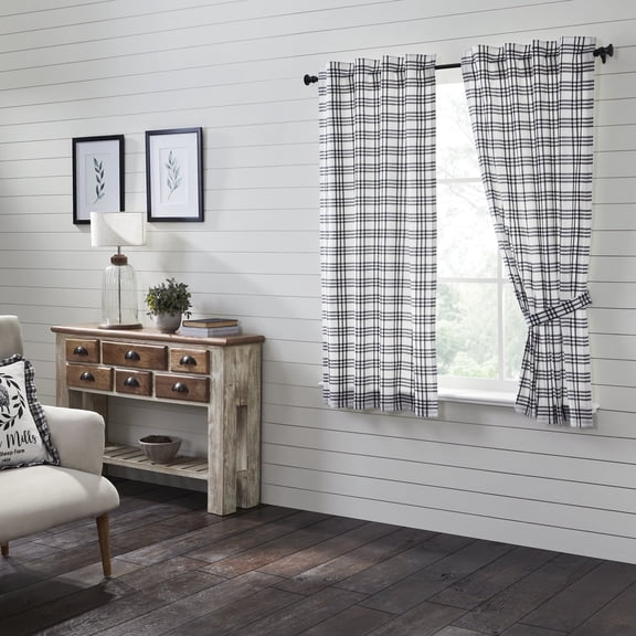 VHC Brands Sawyer Mill Plaid Short Curtain Panel, Black, 63x36, Set of 2