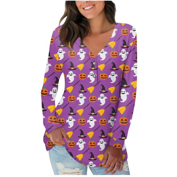 ICHUANYI Clearance Women's V-Neck Casual Long Sleeve Printed Buttoned Basic Ruched Tunic Tops T-shirts Blouses(Purple, XL) ICHUANYI WER2023081512581