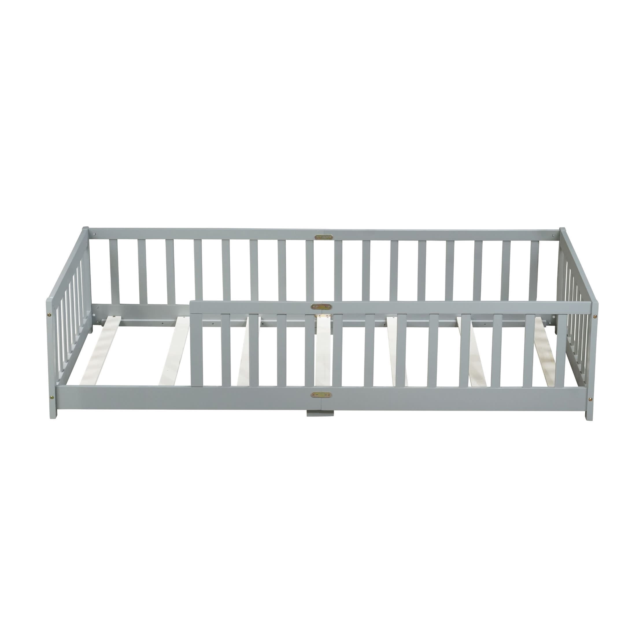 Noble House Erika Twin Floor Bed with Safety Fence, Rubber Wood Montessori Bed Frame, Kid's Room, Gray