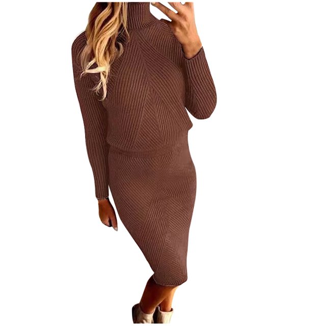 JHLZHS Robes Petites pour Femmes et Robe d'Hiver Col Roulé Tricoté Couleur Unie Chandail Ensemble Jupe Robe Cocktail Robe Formelle