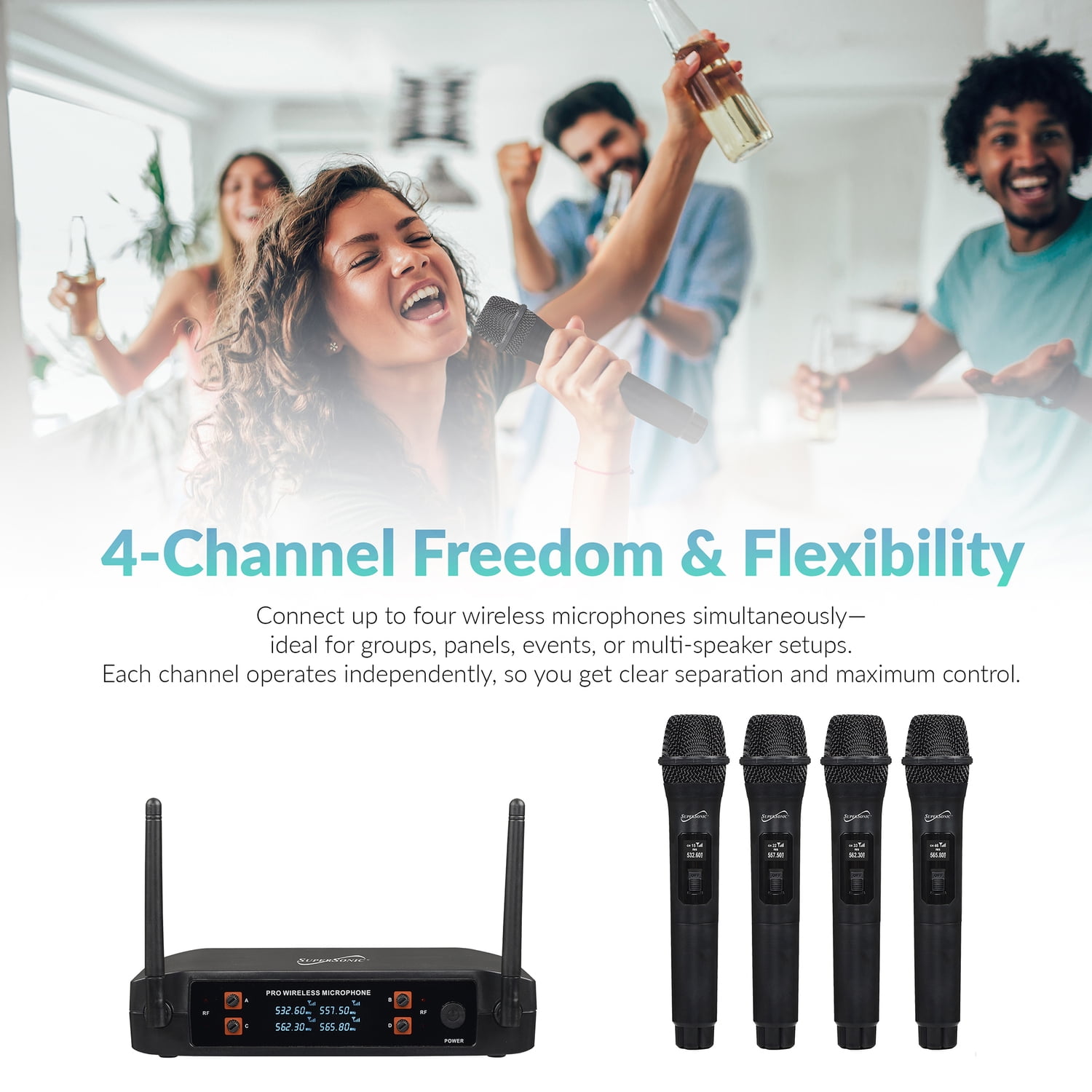 Supersonic 4-Channel 2.4-GHz Wireless Microphone System with 4 Handheld Microphones and Receiver, SC-909