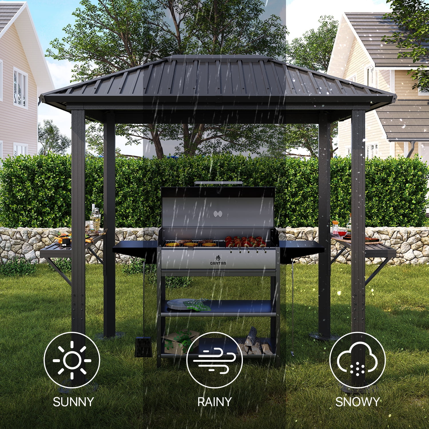 BaPiPro 8x5ft Hardtop Grill Gazebo, Heavy Duty Metal Hardtop Outdoor BBQ Shelter with Galvanized Steel Roof, Patio Gazebo for Barbecue & Cooking