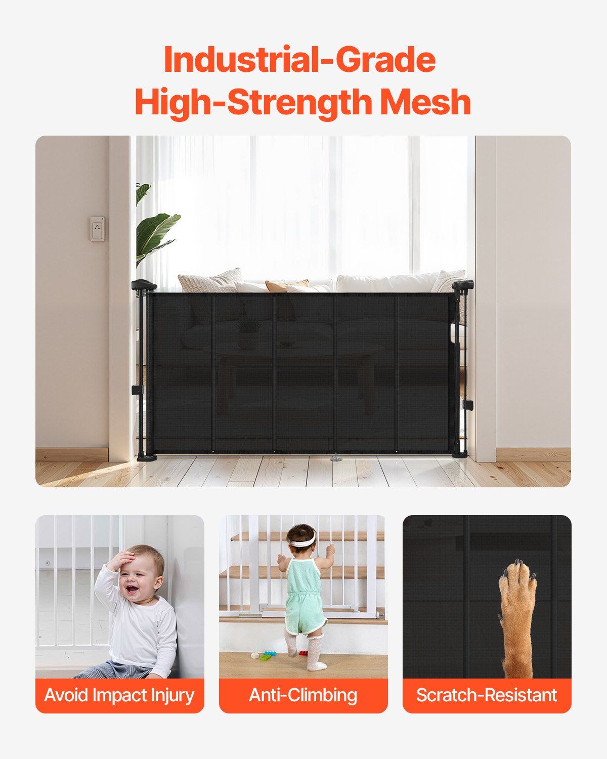 Retractable Baby Gate 34 in Tall, Extends to 55 in Wide, Adjustable Black Mesh Gate for Kids and Pets, Anti-Crawl Bottom Strip, One-Handed Operation, Durable Scratch-Resistant Mesh, Space-Saving