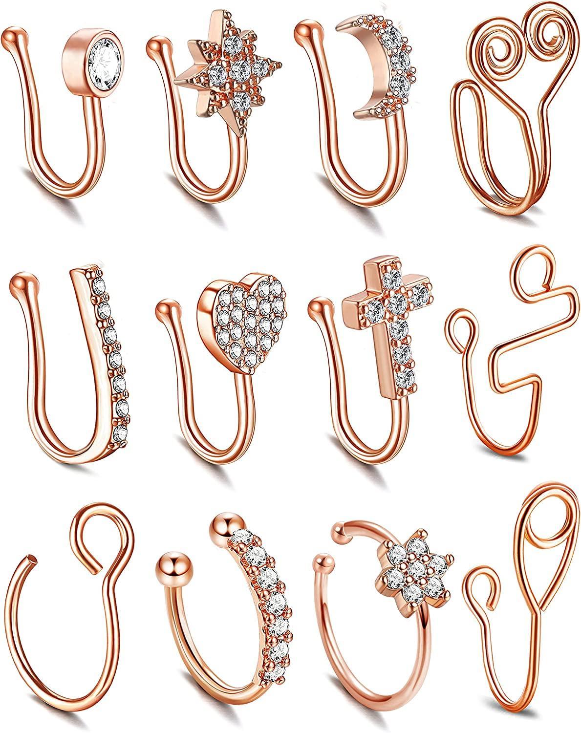 Mqlnutr 12Pcs Fake Nose Rings Hoop Inlaid CZ Nose Cuff Non Piercing for