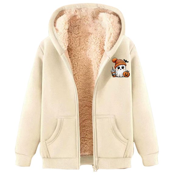 Womens Hoodies Halloween Unisex Casual Graphic Zip Up Sweatshirt Long Sleeve Pullover Tops With Pockets Fleece Lined Warm Fit Beige L