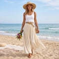 thumbnail image 4 of Womens Linen Maxi Skirts Summer Boho Solid Beach Elastic High Waist Pleated A-Line Flowy Swing Long Maxi Skirts, 4 of 5