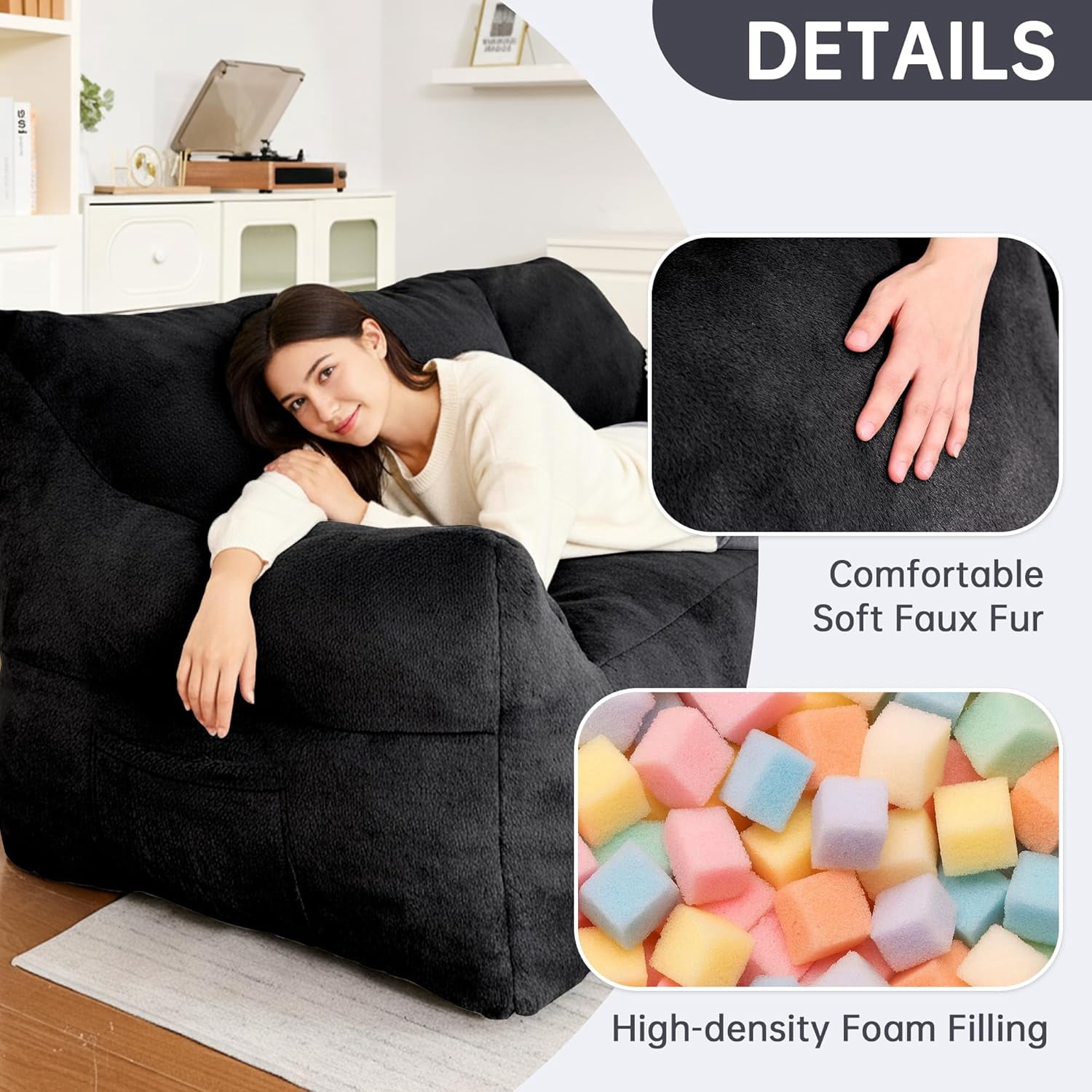 LinkRomat Faux Fur Loveseat, Oversized 2-Seater Sofa with High-Density Foam, for Living Room & Bedroom, No Assembly Required, Black