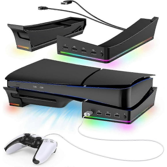PS5 Slim Horizontal Stand, RGB Horizontal Stand Compatible with Playstation 5 Slim Disc & Digital, with 14 Light Mode and 4 USB Hubs
