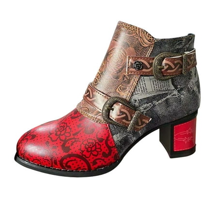

ZMHEGW Boots for Women Vintage Printed Round Toe Zipper High Heel Short Naked Boots Shoes
