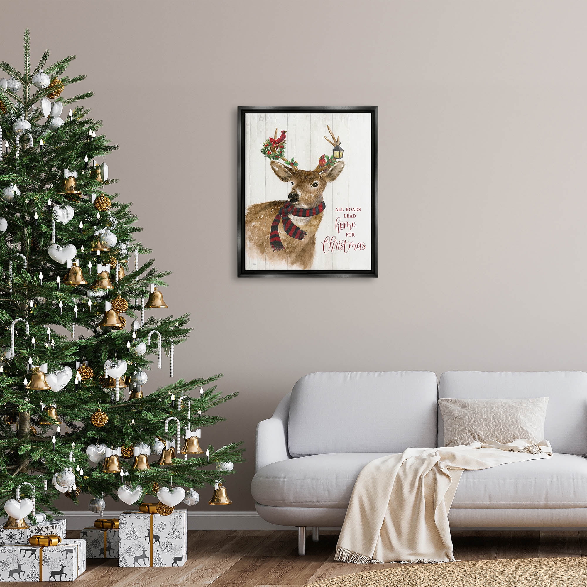 Stupell Industries All Roads Lead Home Christmas Deer Holiday Painting Black Floater Framed Art Print Wall Art