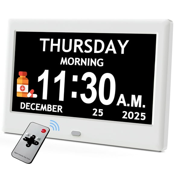 Reloj digital FLYRUIT Dementia de 7 pulgadas con fecha, hora y día, blanco