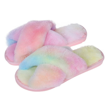

Mightlink 1 Pair Women Slippers Colorful Plush Non-slip Deodorant Anti Skid Keep Warm Winter Cross Fluffy Slippers for Home