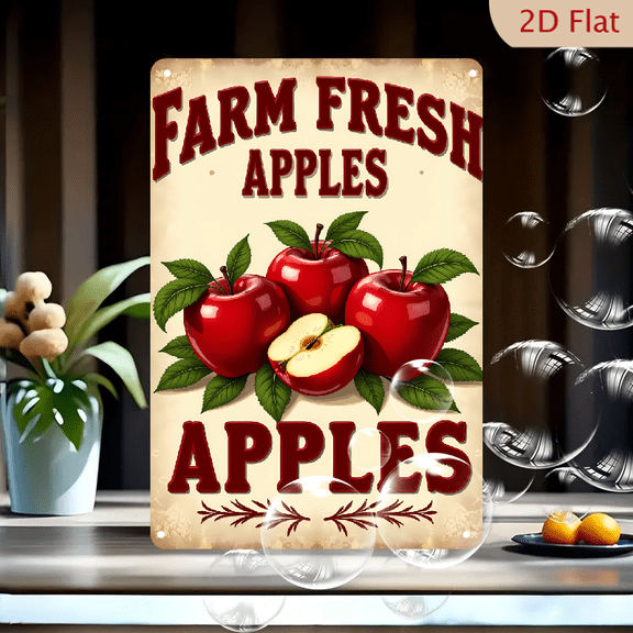 1pc Vintage Farm Fresh Apples Metal Sign - 8*12 Inch Retro Decorative Plaque for Kitchen and Home Wall Decor, Scratch and Water Resistant, High Gloss Finish, Detachable Rectangle Wall Art, 2D, Perfect
