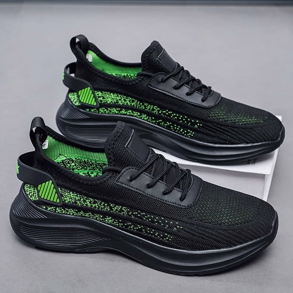 Men's Big Size Black Green Gradient Knit Lace Up Casual Running Sneakers, Breathable Lightweight Non-Slip Wide Toe Outdoor Daily Walking Footwear