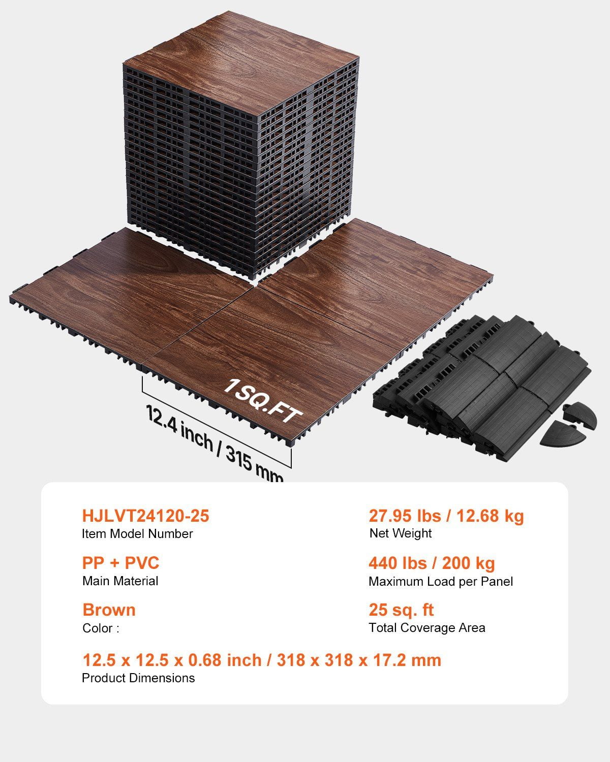Interlocking Gym Floor Mats (25 Tiles) - 12.4x12.4 Inch Brown PP PVC Puzzle Tiles for Exercise, Dance & Dryland Training
