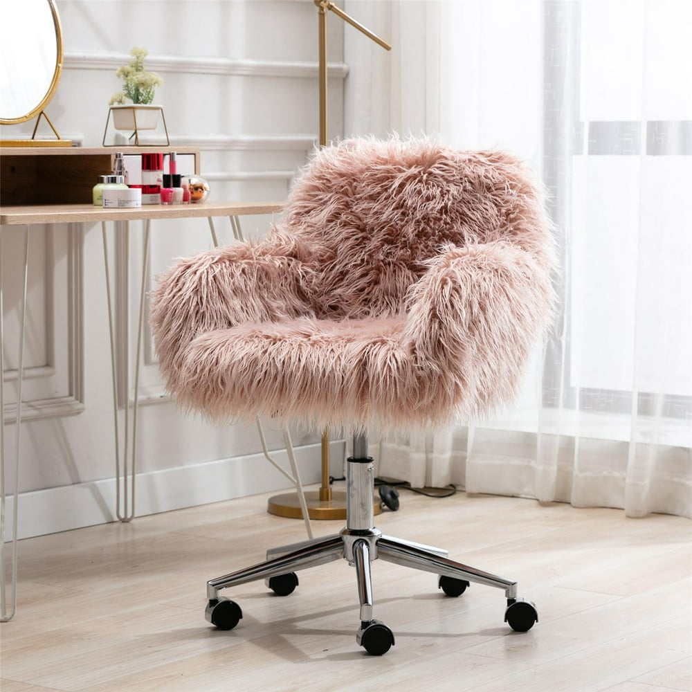 Pink Desk Chair, Fluffy Chair for Girls, Makeup Vanity Chair, Modern Faux Fur Office Chair with