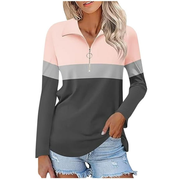 Otntypg Long Sleeve 1/4 Zip up Tunic Shirts for Women Casual Striped Color Block Print Lapel Collared V Neck Pullover Blouse Pink L