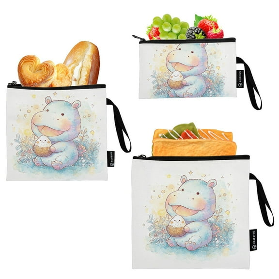 Haosy 3 Pack Reusable Ziploc Bags BPA Free Healthy Food Storage Bag Leakproof Sandwich Snack Freezer Bags Cute Hippopotamus and Rice
