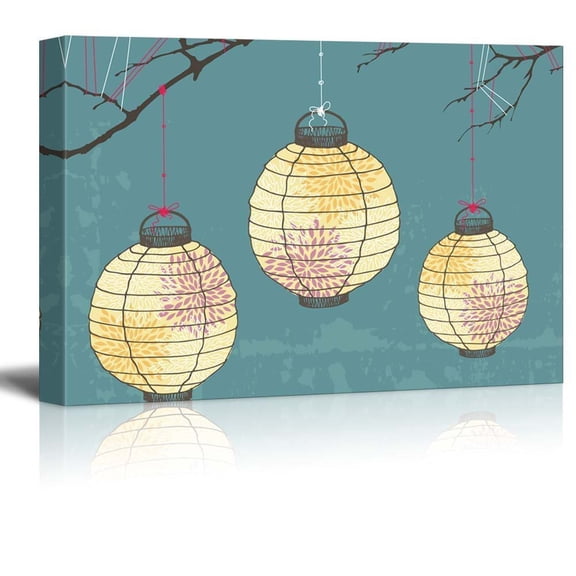 Wall26 Vector Japanese Lanterns with Designs Hanging on Branches - Canvas Art Home Decor - 12x18 inches