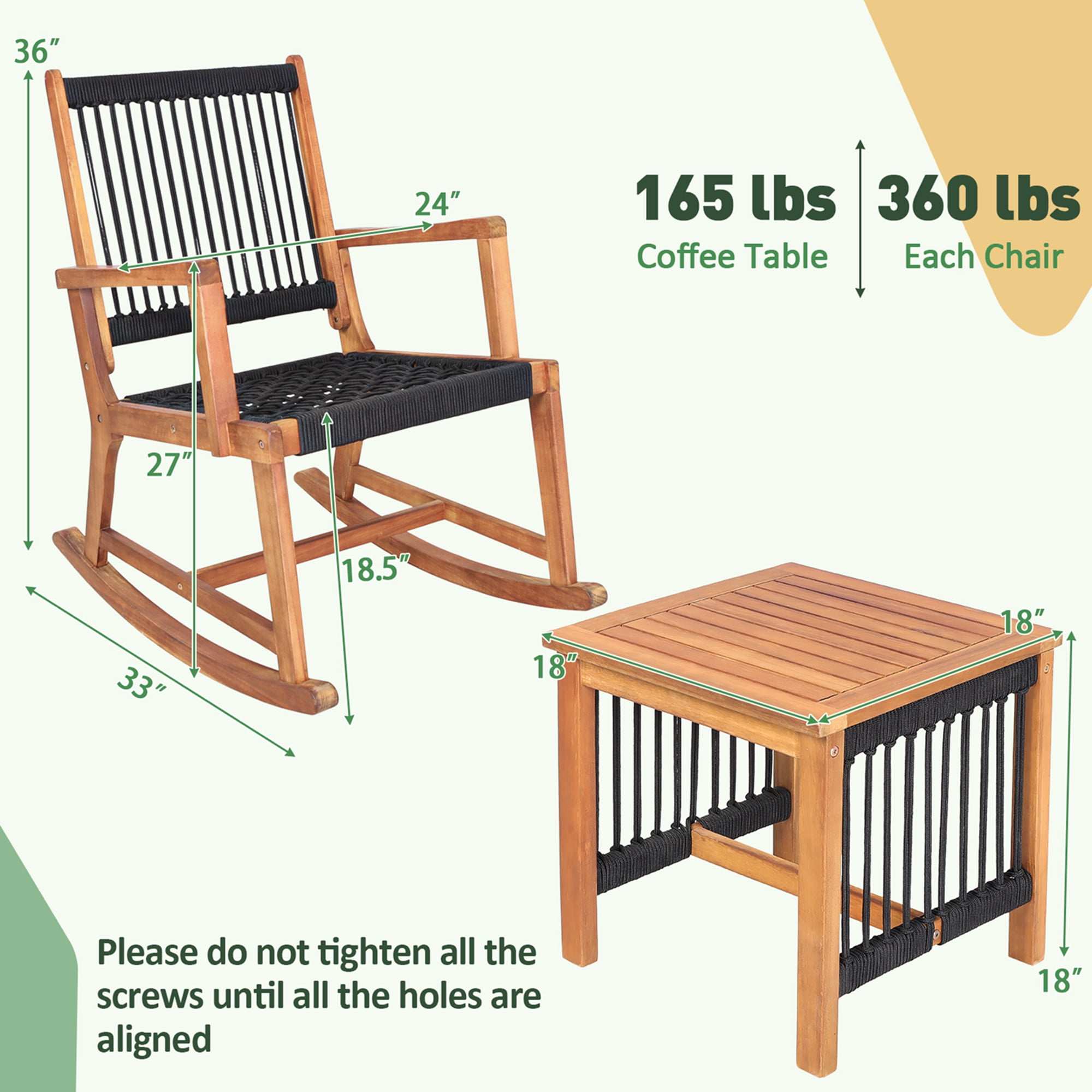 Costway 3pcs Patio Acacia Wood Bistro Table Rocking Chair Set All-Weather Rope Outdoor