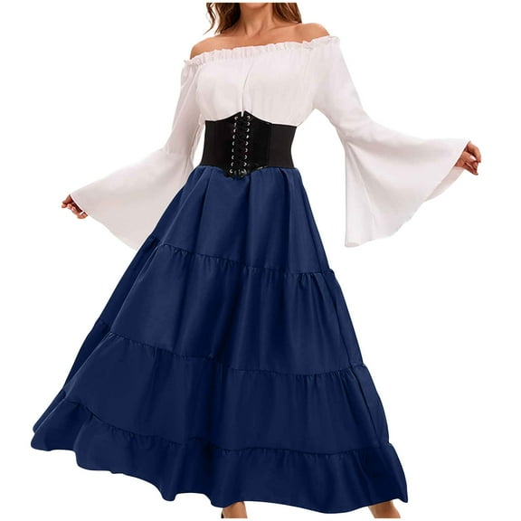 Women's Medieval Renaissance Dress Bell Long Sleeve Cosplay Dress Halloween Costumes Maxi Dress For Ladies