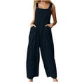 thumbnail image 2 of Women Sleeveless Overalls, Solid Color U-shaped Collar Loose Style One-piece, Navy/ Dark Green/ Grey, 2 of 9