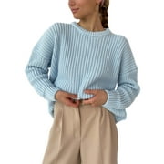 Solid Color Women's Casual Loose Knitted Sweater Lantern Sleeve Crewneck FashionPulloverSweaterTops