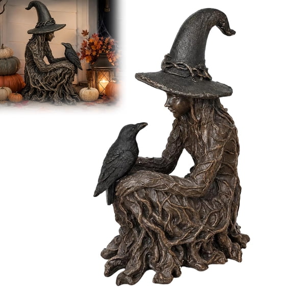 Witch Statue, Gothic Witch and Raven Figurine, Mystical Resin Tabletop Decor for Home, Shelf, Mantel, Office & Halloween Decoration