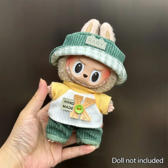 Mini ropa de muñeca de peluche de 17cm, accesorios de atuendo para Corea, Kpop, Labubu, ídolo, fiesta sentada V1 V2, conjunto de sombrero y mono de otoño, ropa