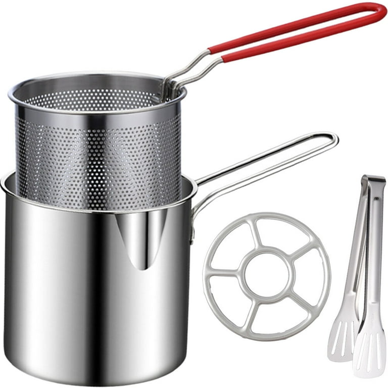 1 Set Food Fryer Stainless Steel Frying Cookware Snack Fry Basket Fryer Pot  with Tong Stove Ring