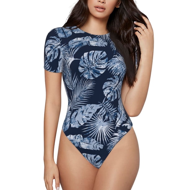 Fotbe Tropical Leaves Body de Mujer con Cuello Redondo y Mangas Cortas, Sin Mangas Ajustado, Suave, Cómodo y Básico-Large