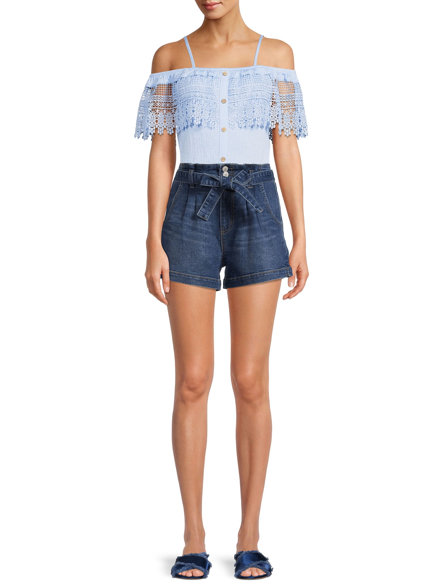 No Boundaries Juniors Button Front Off The Shoulder Top