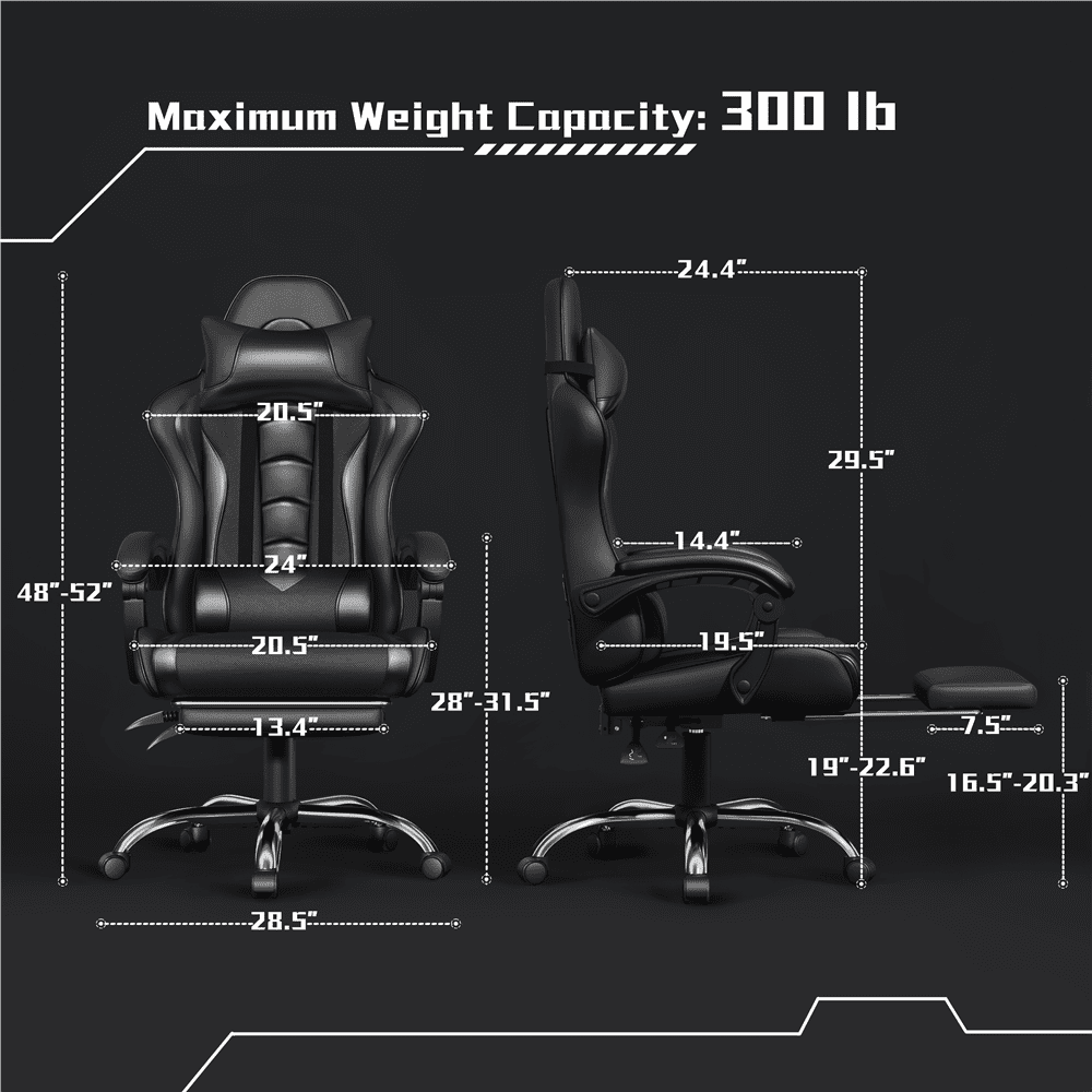 Fullfurnique Ergonomic High Back Gaming Chair with Slide Out Footrest, Full Black