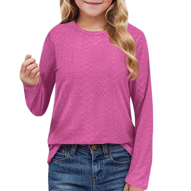 MeetoTime Girls Long Sleeve Solid Color Shirts Cute Crewneck Casual Blouses Children's Spring Fall Undershirt