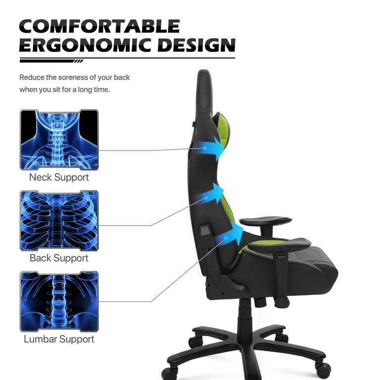 MoNiBloom Gaming Chair PU Leather with Lumbar Support and Armrests, Adult  Gamer Ergonomic Reclining Chair for Home Office, Green 