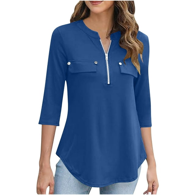 Timegard Hauts pour Femmes Col en V Fermeture Éclair Manches 3/4 Blouse Confortable Automne Tunique Décontractée pour Leggings