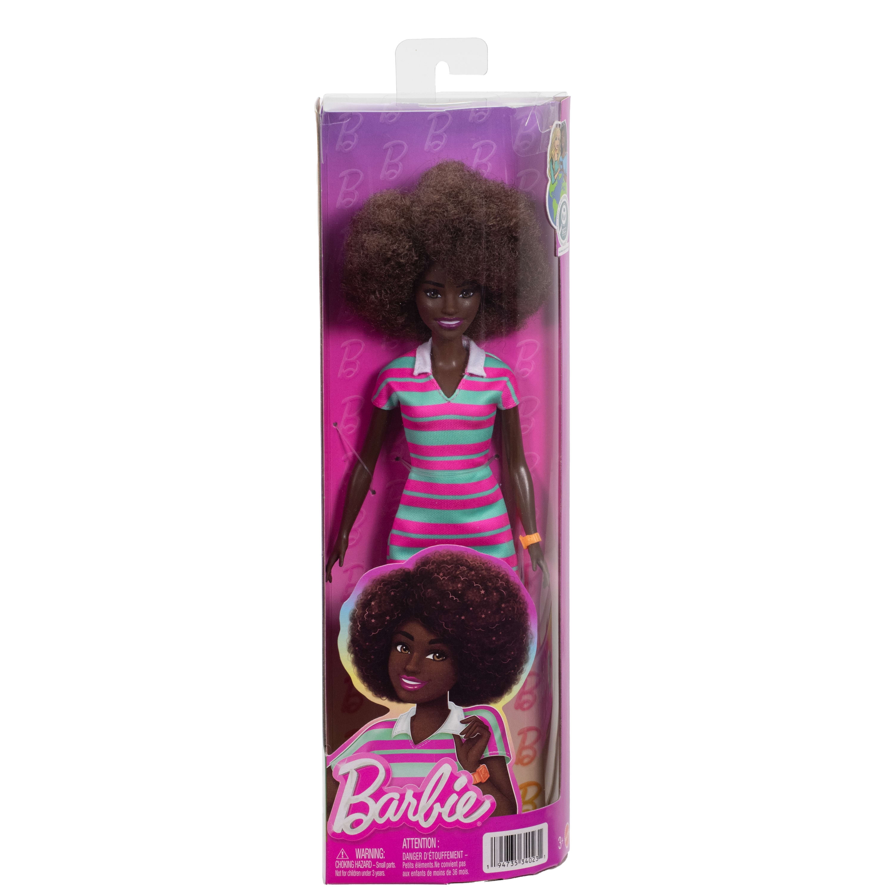 Barbie Fashionistas Doll #247 with Pink and Green Striped Dress, Curly Black Hair