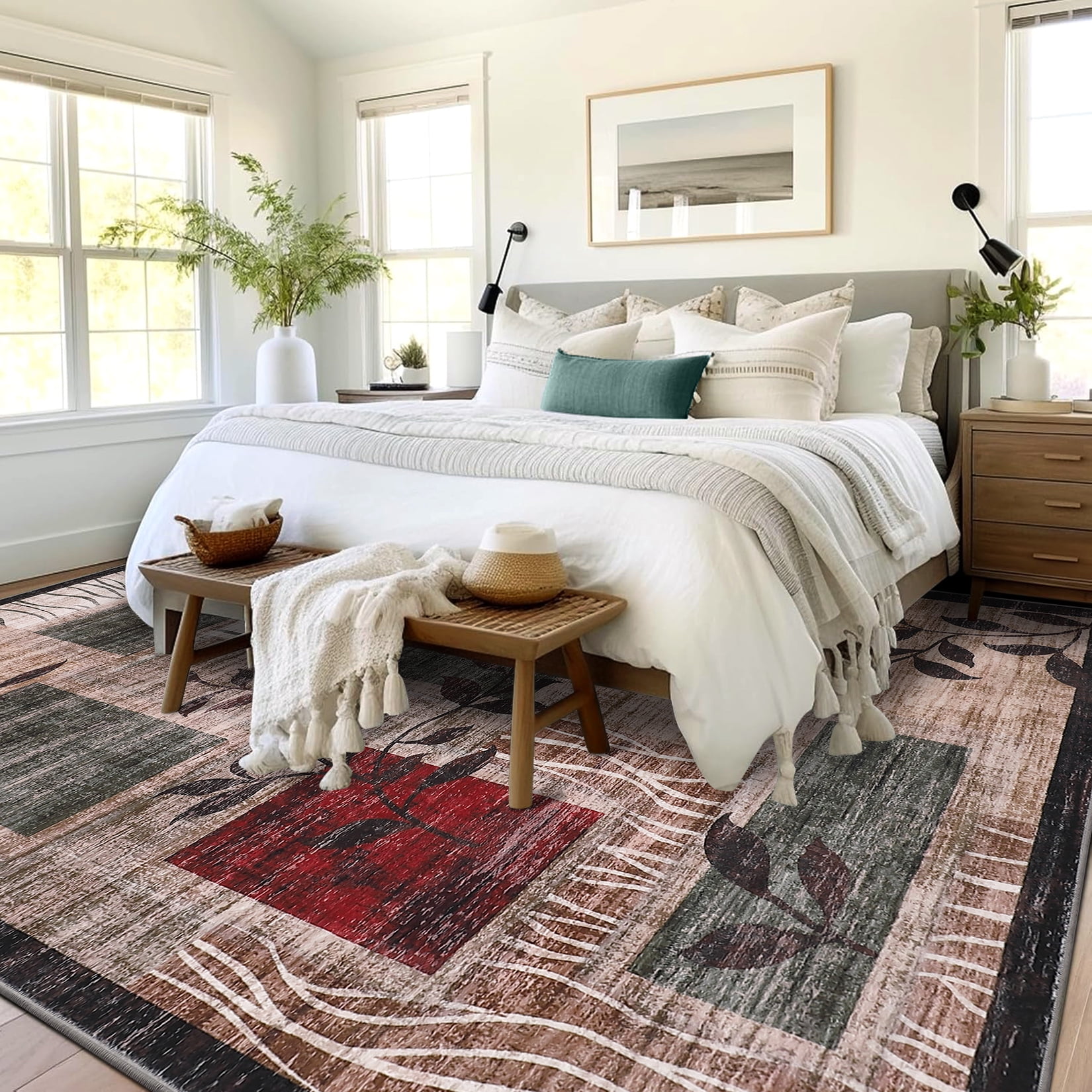 FairOnly 5'x7' Brwon Modern Abstract Leaf Area Rugs for Bedroom Washable Ultra-Thin Rugs for Home Office Indoor Floor Area Rugs for Bathroom
