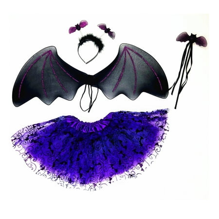 Mozlly Black & Purple Bat Fairy Headband Boppers, Wings, Violet Tutu & Magic Wand Pretend Play One Size Costume for Children Halloween Party Cosplay Ballerina Princess Hair Accessory Props - 4pc