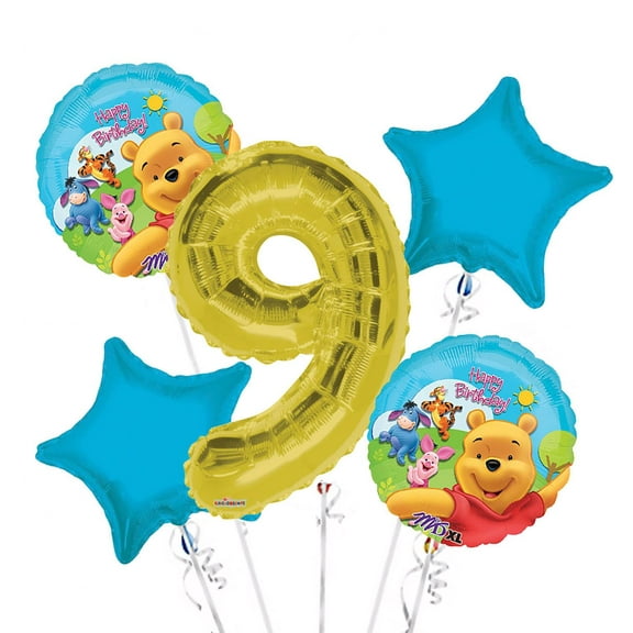 Winnie the Pooh Balloon Bouquet 9th Birthday 5 pcs - Party Supplies