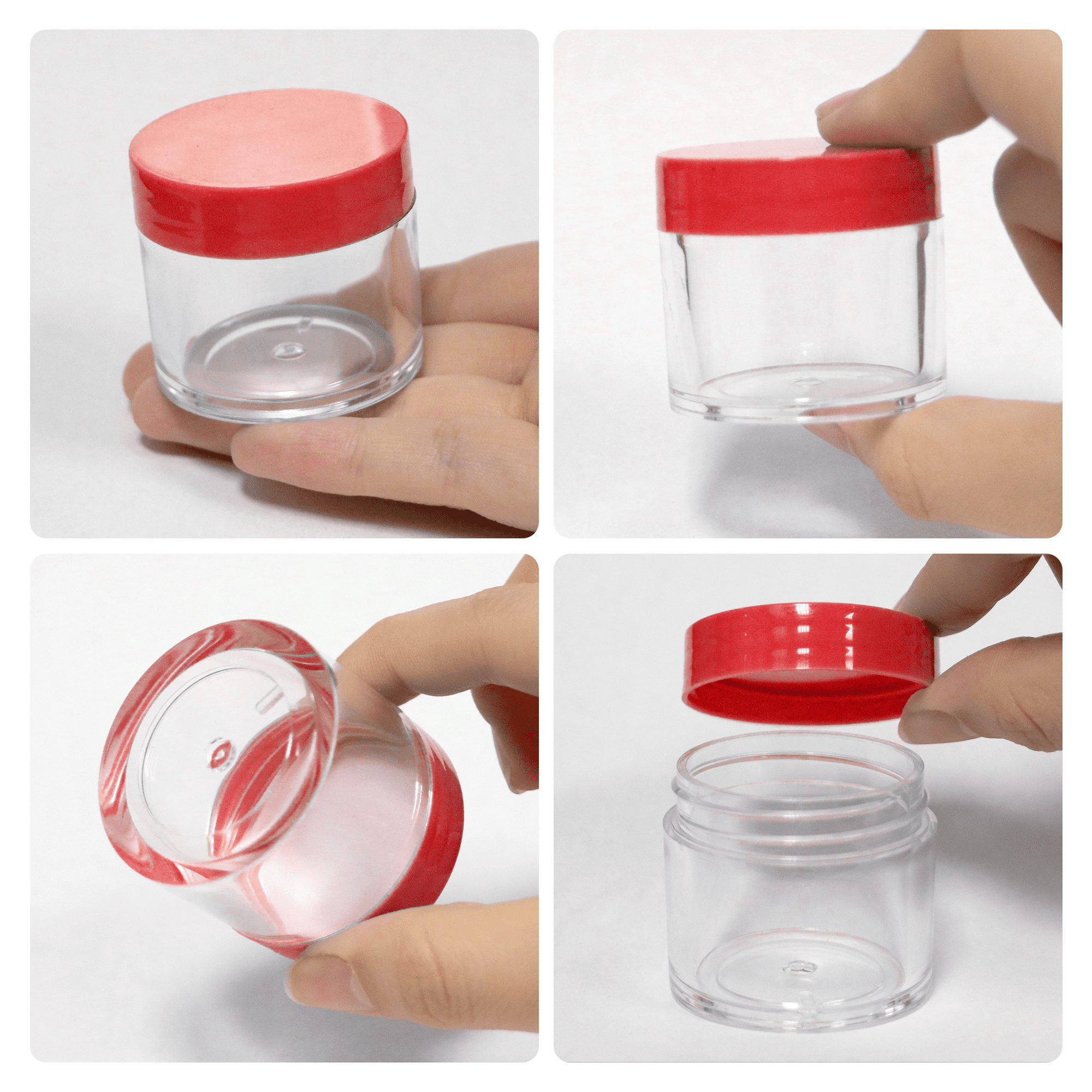 Beauticom 24 Pieces High Quality 30 Gram 30 ml (1 oz) Round Acrylic Makeup Product Sample Travel Jars with Flat Red Lids