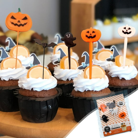 OEFNTAC Halloween Plastic Cake Picks, 3in Cupcake Toppers 1Box for Fruit Dessert, Food-Safe Pumpkin Ghost Bat Party Decoration Halloween Decor