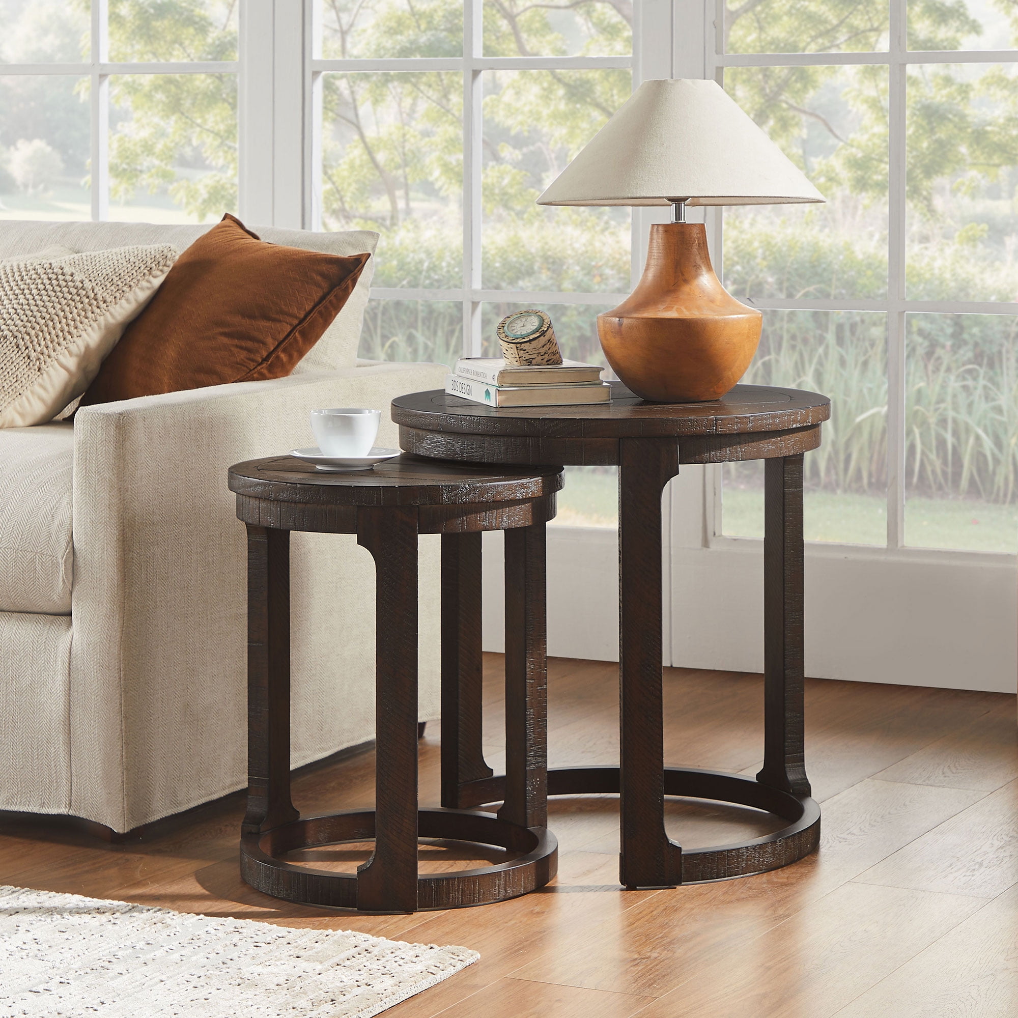 24 Inch Curved Round Coffee Table Set, Mid Century Rustic Style Nesting Side Tables with Staggered Height, Solid Wood and MDF Construction, Dark Brown Finish
