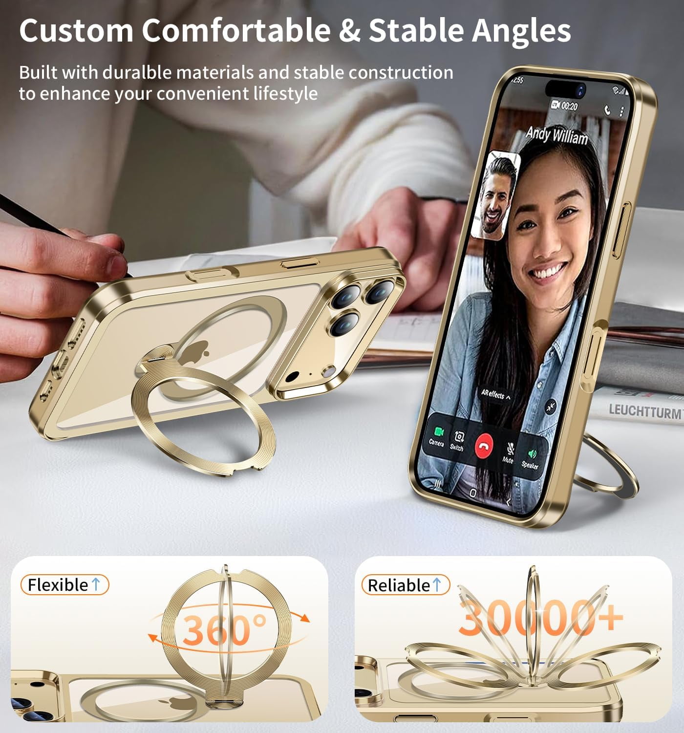 JETeacka CD Metal Ring & Invisible 360° Spin Stand Magnetic Case for iPhone 17 Pro Electroplated Bumper Compatible with MagSafe Slim Clear Cover-Gold