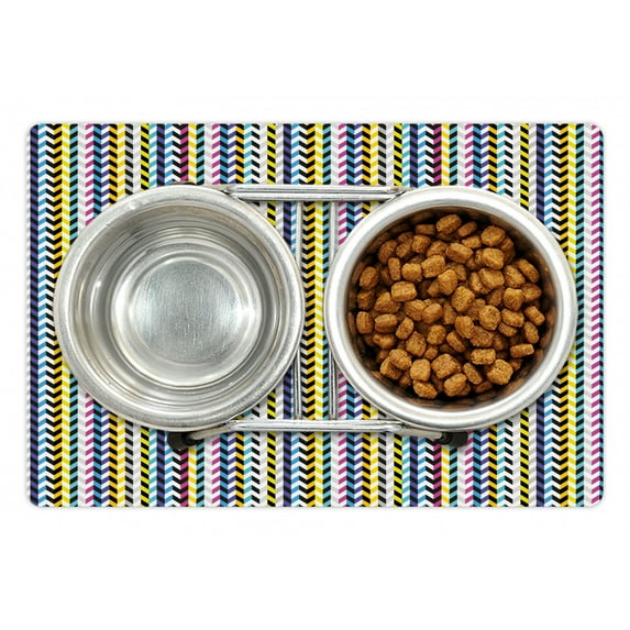 Geometric Pet Mat for Food and Water, Abstract Continuous Pattern of Colorful Retro Funky Herringbone Zigzags Print, Non-Slip Rubber Mat for Dogs and Cats, 18" X 12", by Ambesonne