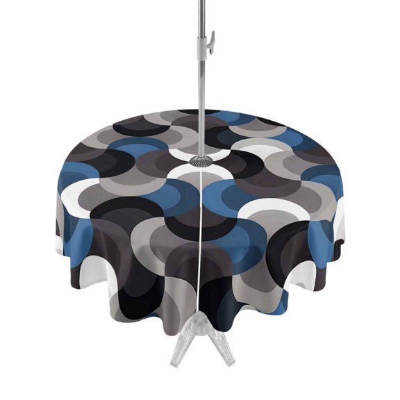 Outdoor Tablecloth with Umbrella Hole for Patio/Picnic/Party/Camping, Blue Grey Abstract Waterproof Table Cloth Round Cover Washable, Modern Geometric Ombre Artwork (Dia 60")
