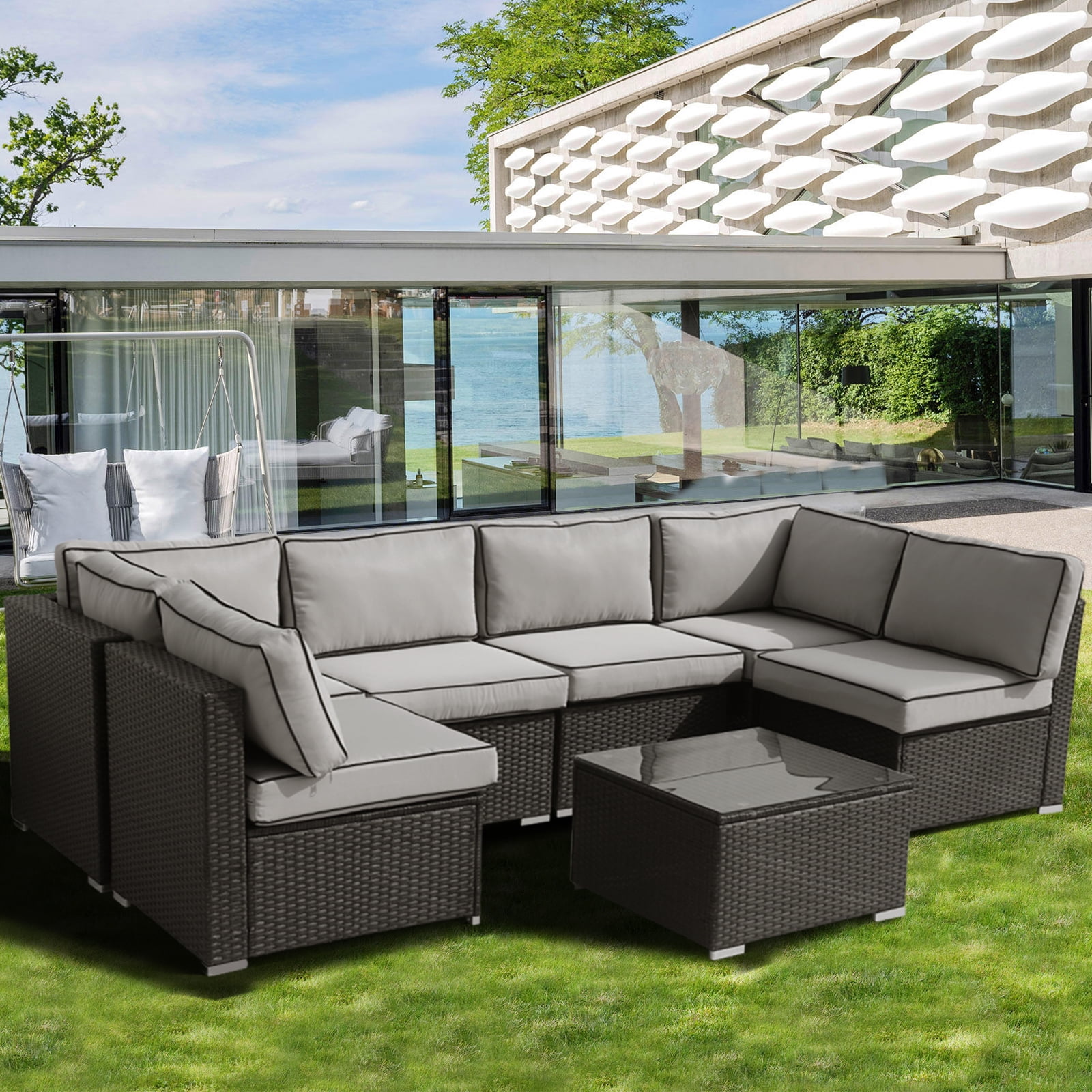 FKS LIFE Outdoor Replacement Cushions for Patio Furniture, Water-Resistant Sofa Cushion for 6-Seat Rattan Wicker Sectional Patio Conversation Sets, 14-Piece Cushions Set for Outdoor